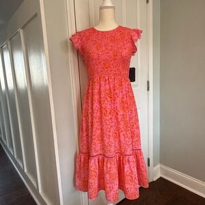 Melrose and Market Pink Orange Floral Smocked Bodice Dress Midi Length Sz M NWT